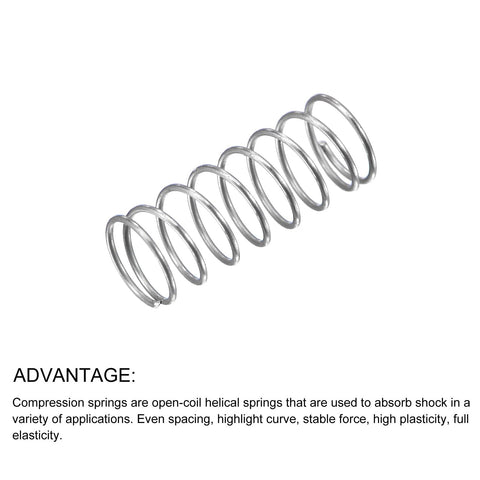 Compression spring, 304 stainless steel, silver tone, 0.3x4 mm OD, 10 mm free length.