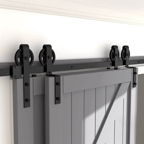 Sliding Barn Door Track Hardware Kit for Low Ceiling Spaces, Bypass and Rolling Library Ladder Style, shown installed on wooden doors