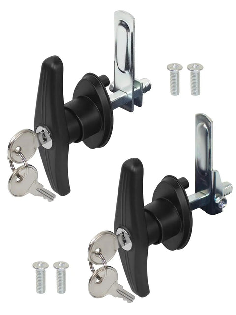 Truck Cap Camper Shell T Handle Lock Latch Replacement Kit With Keys Left And Right Pair for Truck Bed Topper Doors Durable Black Finish Easy Install That Installs Fast close-up view of two black T-handle locks with keys and installation screws.
