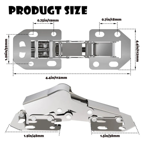 24 Pack Hidden Hinges Soft Close Surface Mount Concealed Cabinet Hinges For Frameless Kitchen Cabinets No Pre Drill Holes Easy Install For Cabinet Doors Durable Steel Construction Great For Modern Cupboards, showing detailed size illustration.