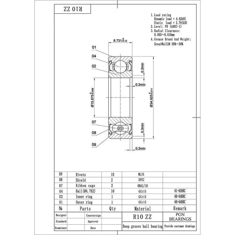 Technical diagram of R10 ZZ Sealed Ball Bearing 5/8 Inch By 1-3/8 Inch By 0.3438 Inch Lubricated Chrome Steel With Metal Shield for industrial use