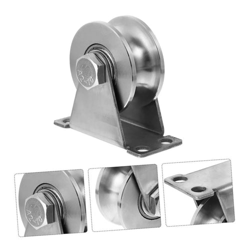 Stainless Steel Sliding Door Rollers Set For Heavy Duty U Groove Tracks With Double Bearings shown in different angles.