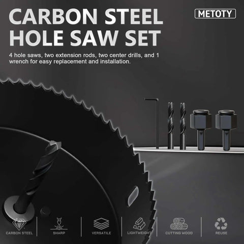 9 Piece Hole Saw Kit With Mandrel And Accessories For Soft Wood PVC Board And Home Projects Includes One And One Quarter Inch One And A Half Inch Two Inch And Two And One Eighth Inch Sizes Plus Hex Key Pilot Drills And Arbors For Precise DIY Drilling, showcasing hole saws and drills.