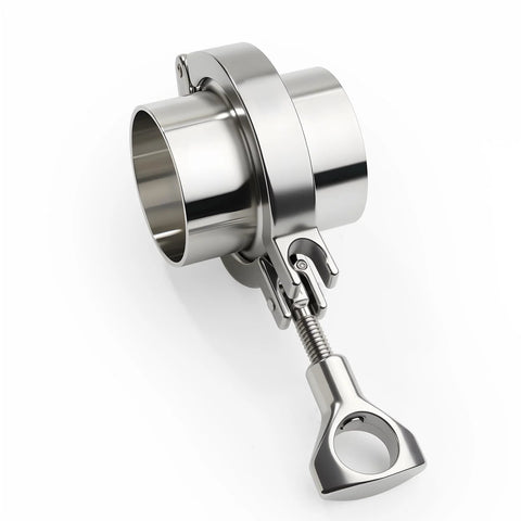 Stainless steel 2-inch tri-clamp fitting with wing-nut clamp, front view
