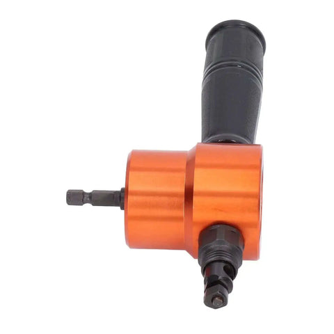 360 Degree Double Head Sheet Metal Cutter And Drilling Tool Electric Nibbler Attachment in orange with black handle