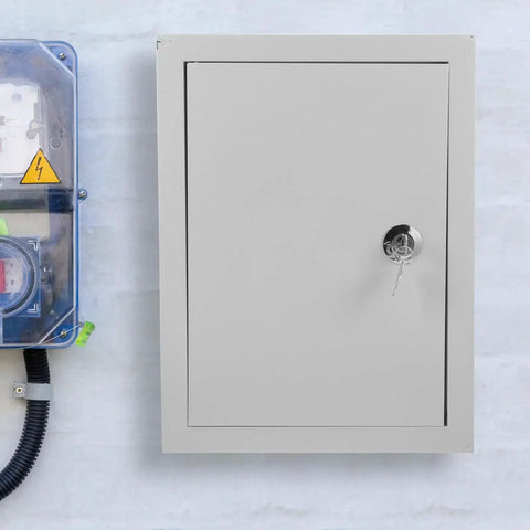 Weatherproof Outdoor Electrical Junction Box Metal Enclosure 300x400x160mm with mounting brackets, shown with lock