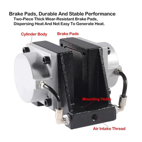 Front view of DBZ-20 pneumatic disc brake cylinder with mounting holes, gray body and brake pads.