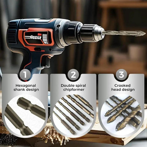 Drill with Six Piece Four Flute Sawtooth Eccentric Twist Drill Bit Set for Concrete Masonry and Multi Material Use Hex Shank Short Bits. 