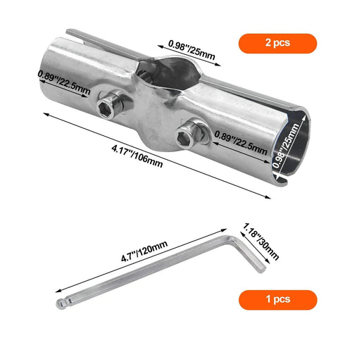 Stainless Steel Pipe Clamp Connectors For 3 Way Pipe Clamps And End Rail Clamps with hex wrench, dimensions highlighted
