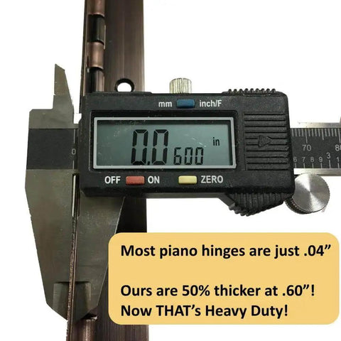 Thickness measurement of Beefy Heavy Duty One And A Half By Seventy Two Inch Continuous Piano Hinge in Antique Bronze with caliper gauge