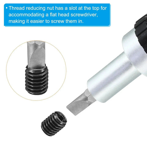 Close-up view of PATIKIL six-piece M10–M6 thread-reducing sleeves, 10 mm long, black metal adapters.
