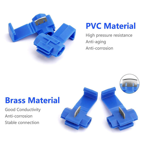 Blue quick-splice wire connectors, PVC insulated with brass contacts for 22-10 AWG, 2 pieces.