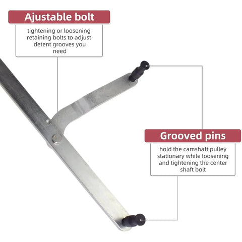 Camshaft sprocket locking tool, side view with adjustable bolt and grooved pins, metal handle