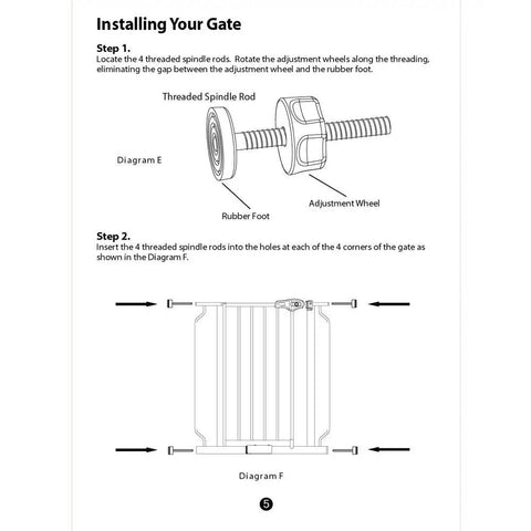 Diagram showing installation of 4 Pack 8MM Threaded Spindle Rods For Baby Gates Pressure Mounted Accessory Bolts Kit. Includes rubber foot and adjustment wheel.