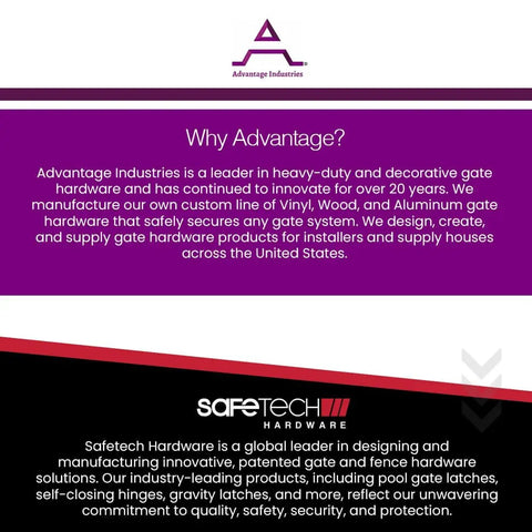 Advantage and Safetech hardware company descriptions on a promotional graphic, highlighting gate hardware innovation and design.
