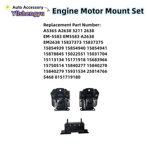 3 Piece Engine Mount Kit For Trucks And SUVs Fits Silverado 1500 Tahoe Suburban 2500 Avalanche Sierra 1500 Yukon Escalade ESV Replaces A5365 A2638 3211 EM5583 EM2638 Beefed Up Engine And Transmission Mounts For AWD And 4WD shown with part numbers displayed.