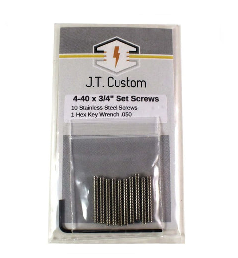 Package of 4-40 x 3/4 inch stainless steel set screws with one hex key, label J.T. Custom visible