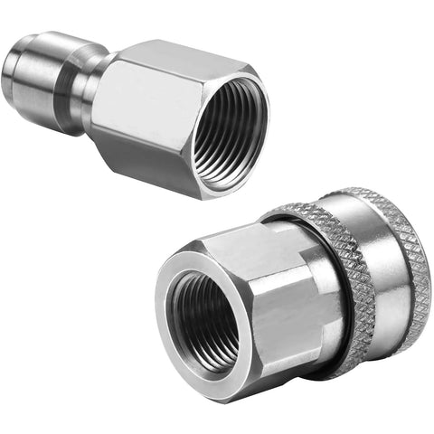 Two stainless steel 3/8 in NPT pressure washer quick-connect adapters, male and female