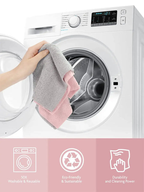 Person holding Ultra Absorbent Microfiber Cloth Roll Tear Away Towels 12x12 Pink Grey Reusable in front of washing machine