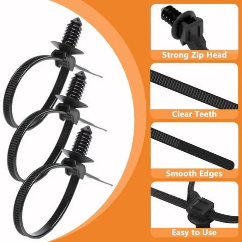 60 Pack Nylon Universal Cable Ties With Push Mount Buckles Pro Grade Heavy Duty High Temp Zip Tie Mounts For Automotive Wiring Wire Clips Fuel Lines And Christmas Tree Ties Heat Resistant Flexible 6 Type Set with strong zip head, clear teeth, and smooth edges.