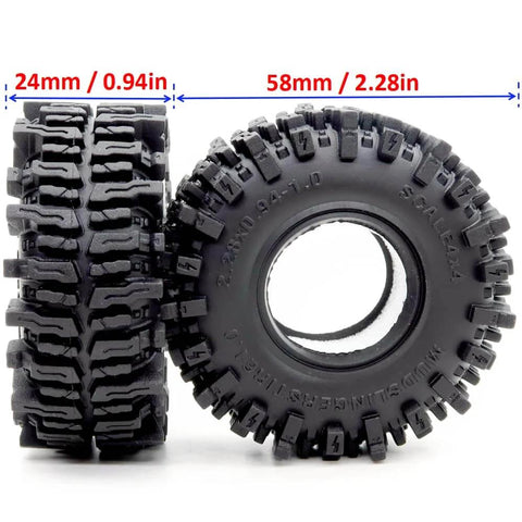 Front and side view 1.0 Crawler Tires 58mm Tall 1.0 Inch Mud Slingers Soft Sticky Compound For RC 1/24 SCX24 And 1/18 TRX4M Upgrades