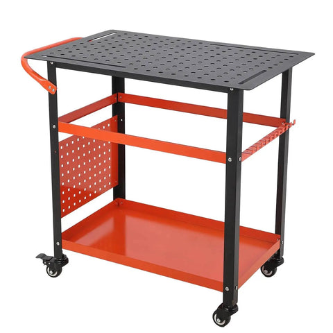 Side view of 36 Inch By 24 Inch Heavy Duty Steel Welding Table Workbench with 600 Lb Capacity, wheels, hooks, and shelves.