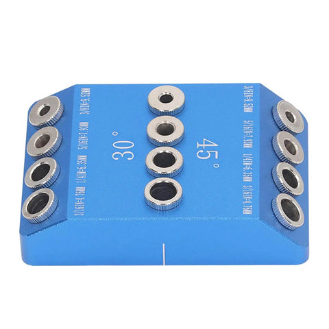 Top view of Pro Grade Multi Angle Drill Guide Jig for precise 30 45 90 degree holes, aluminum alloy woodworking tool.