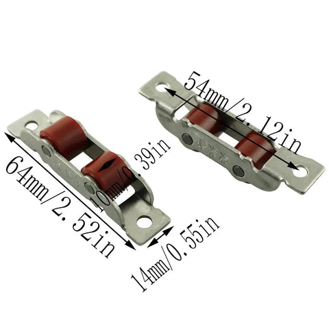 4 Pack Stainless Steel And Nylon Sliding Door Rollers, 14mm Wheel Diameter With 64mm Body Length, 10mm Wheel Width, shown front and side view