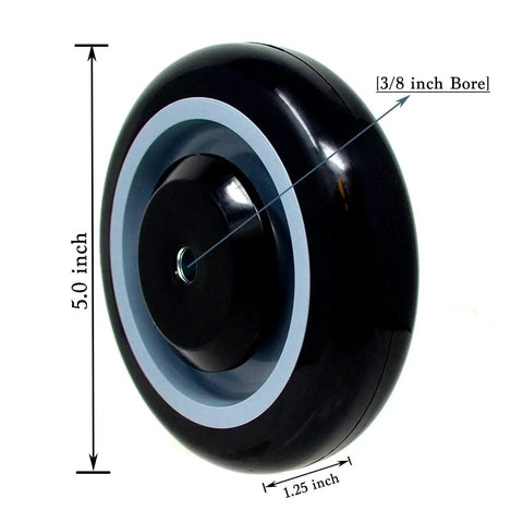 Heavy Duty Shopping Cart Wheels Set Five Inch Diameter One Point Two Five Inch Width Three Eighths Bore Polyurethane Wheel With Rust Resistant Core 1400 Pound Total Load Capacity Four Pack Black And Grey displayed at angle