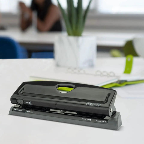 Black Adjustable 6-Hole Punch With Lock-Down Handle, all-metal body, suitable for A5 A6 Compact Slimline Pocket Filofax Mini binders.