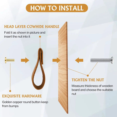 Installation guide for 12 Pack Leather Drawer Pulls Set Handcrafted Leather Handles, showing assembly steps and hardware details.