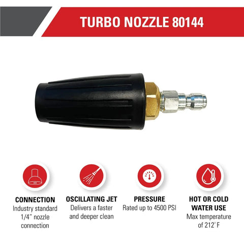 Simpson Cleaning 80144 turbo pressure washer nozzle, black grip, 1/4-in quick connect, hot or cold water use, 4500 PSI