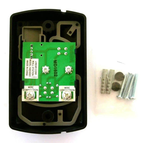 Interior view of 3-Button Deluxe Replacement Wall Control Panel for Garage Door Openers, includes screws and wires, Otter Color