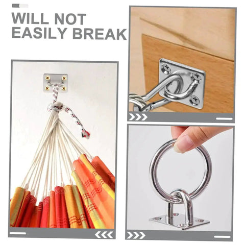 Two Pack Heavy Duty Stainless Steel Ceiling Hooks With Durable Anchor Plates For Hammocks And Yoga Swings Ideal For Home Gyms Studios And Patios Versatile Eye Hooks For Secure Hanging And Rigging Applications In Indoor And Outdoor Setups shown installed with ropes and close-up of hook