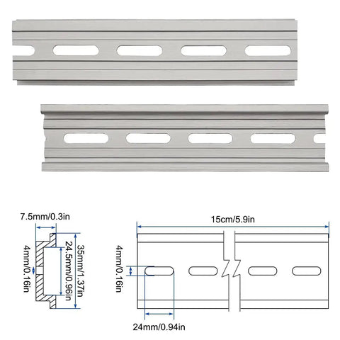 Beefy Durable Aluminum DIN Rails Top Hat Slotted 6 Inch Length With 7.5 mm Height And 35 mm Width Set Of 10 product dimensions