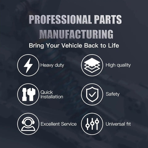 Professional parts manufacturing infographic with icons: heavy duty, high quality, quick installation, safety, service, fit.