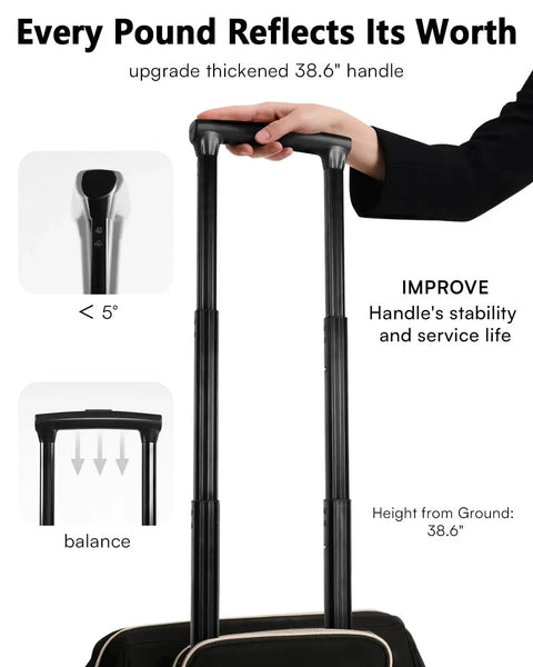 Sleek Rolling Laptop Backpack For Women With Wheels showing enhanced 38.6" handle stability and balance features.