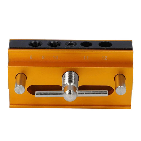 Self Centering Doweling Jig Kit Metric Adjustable Width Drilling Guide With Six Bushings for straight holes, gold finish, front view
