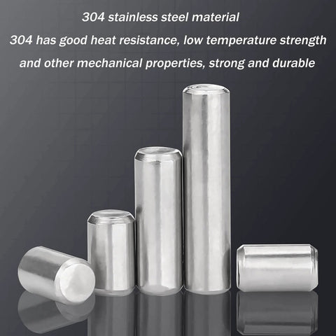 304 Stainless Steel Dowel Pins, 5 Pack, Pro Grade Precision Ground 8 By 50 Millimeter Solid Metal Pins, various views shown on display.