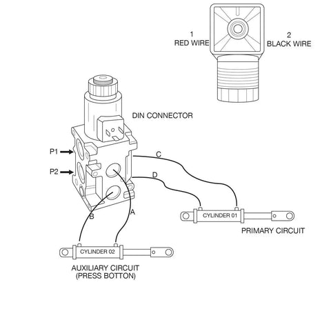 Hydraulic Solenoid Selector Diverter Valve For 13 GPM Systems, 3625 PSI Max, diagram showing valve wiring and cylinder circuits