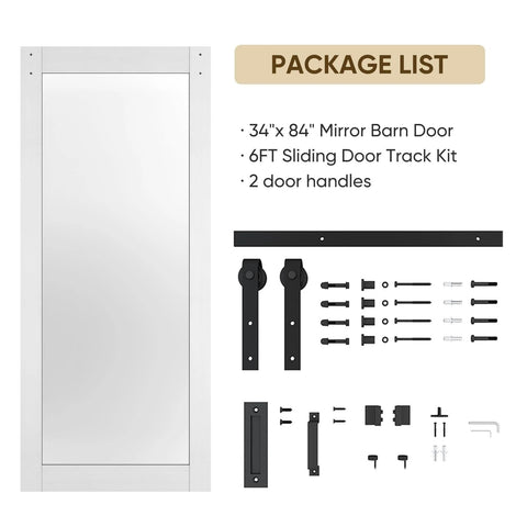 Package of Mirror Barn Door 34x84 Inches With 6 Foot Sliding Door Hardware Kit Included, showing door and hardware components.