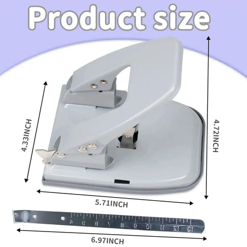 Adjustable Heavy Duty Metal 2 Hole Punch for Paper with Locking Handle, shown with dimensions for precise alignment, 30 sheet capacity