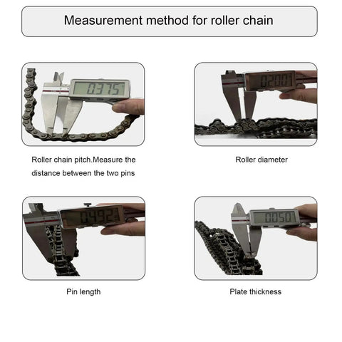 Measurement method for roller chain pitch, diameter, pin length, and plate thickness with calipers showing values.