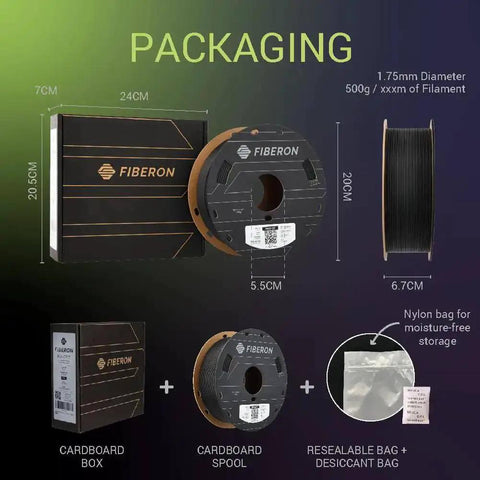 Fiberon PA612 CF15 Carbon Fiber Nylon Filament 1.75mm Black 0.5kg packaging with spool, box, and resealable bag