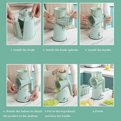 Step-by-step assembly of 5 In 1 Gourmet Cheese Grater And Veggie Slicer, Carrot Shredder, Fruit Slicer, Potato Crinkle Cutter, Hand Crank Chopper