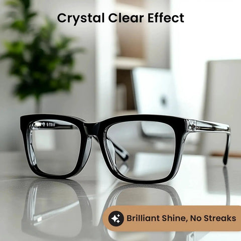 Black eyeglasses on a desk showcasing clarity, related to Glasses Cleaning Spray Kit With Microfiber Cloths For Glasses And Screens 2 Pack.