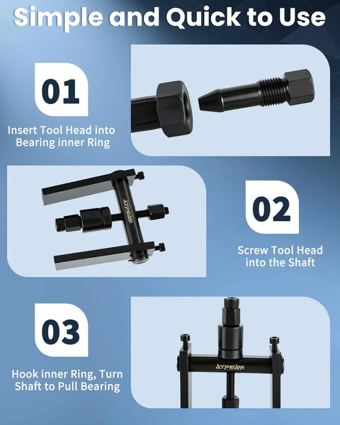 Instructional steps for using 10 Piece Blind Hole Bearing Puller Set For Motorcycles 8 To 25 Mm Wheel Hub Bearing Extraction Tool