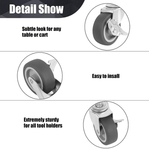 Heavy Duty 3 Inch Stem Casters Set Of 4 With Brakes, detailed view of swivel wheels for workbenches and trollies, showing rubber construction