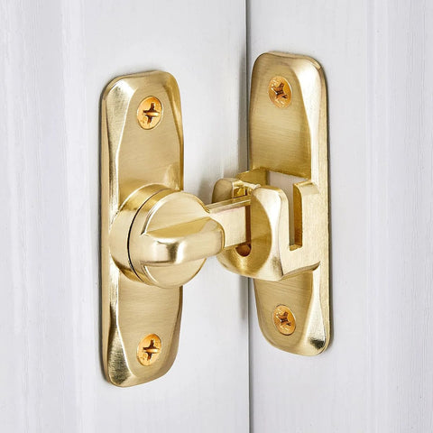 Dual 90 180 Degree Barn Door Latch Lock In Zinc Alloy, Right Angle Gate Lock installed on white door, secured with screws