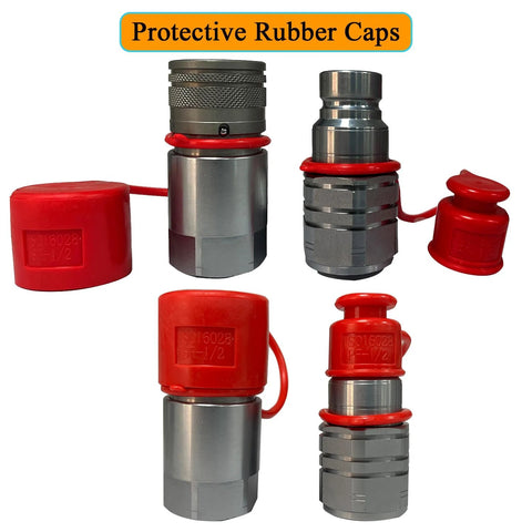 Elifecenter 3/4 in NPT hydraulic quick-connect coupler set with red protective caps, ISO 16028